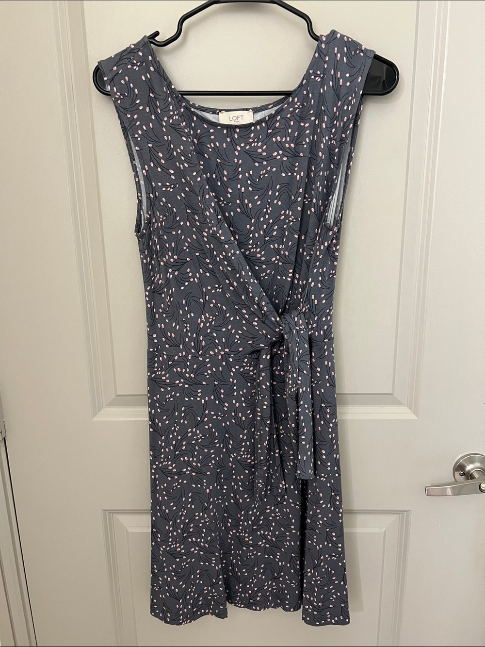 LOFT Slate Blue Floral-Print Wrap Midi Dress with Pink Accents